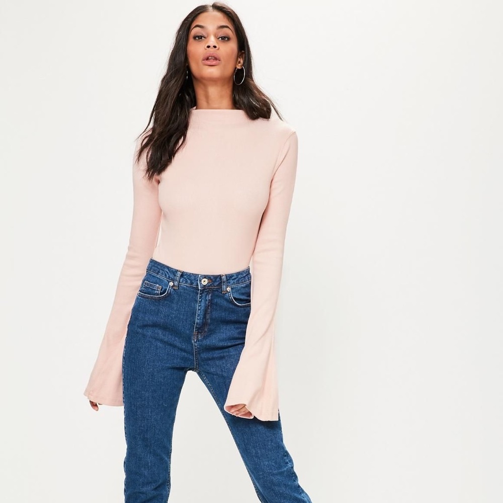 Pink Flared Sleeve Ribbed Bodysuit NWOT